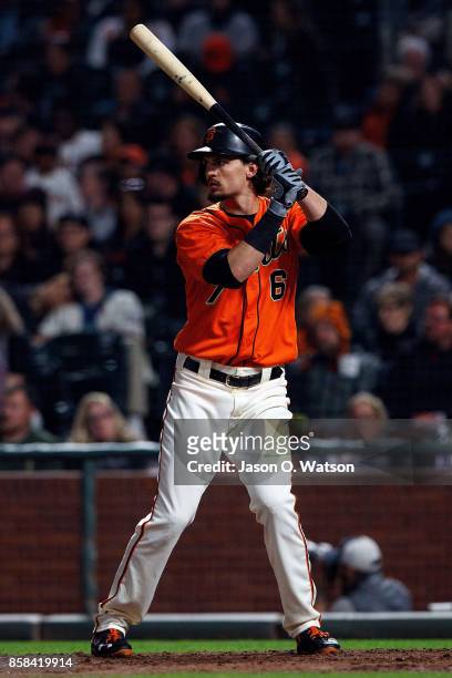 Jarrett Parker of the San Francisco Giants at bat against the San Diego Padres during the fifth inning at AT&T Park on September 29, 2017 in San...