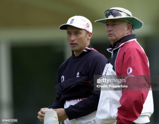 Nasser Hussain of England and coach Duncan Fletcher during net practice at Lord's Cricket Ground in London on May 17, 2000.