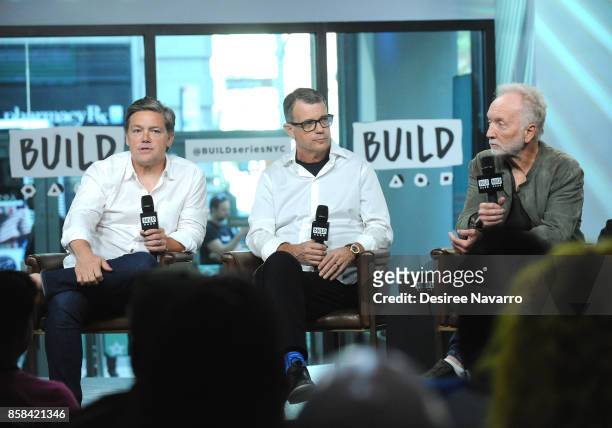 Oren Koules, Mark Burg and Tobin Bell attend Build to discuss 'Jigsaw' at Build Studio on October 6, 2017 in New York City.