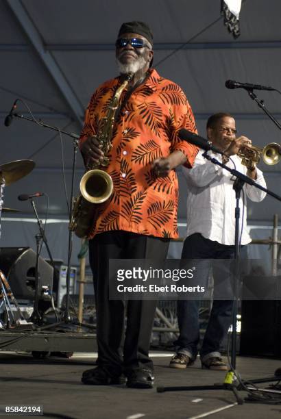Pharoah Sanders performing live onstage with Terence Blanchard at New Orleans Jazz Festival, United States, 28th April 2007.