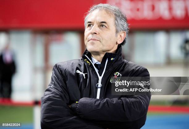 Austria's head coach Marcel Koller looks at his players during the FIFA World Cup 2018 qualification football match between Austria and Serbia at the...