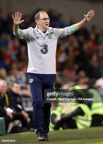 Republic of Ireland manager Martin O'Neill reacts after the final whistle during the 2018 FIFA World Cup Qualifying, Group D match at the Aviva...