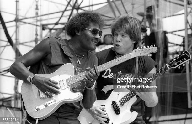 Photo of Albert COLLINS and George THOROGOOD, Albert Collins and George Thorogood performing on stage at Live Aid at the JFK Stadium