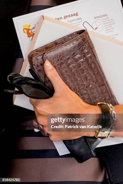 Handbag of Queen Maxima of The Netherlands during her visit to the 5th Teacher's Congress the on October 5, 2017 in Amersfoort, Netherlands. The...