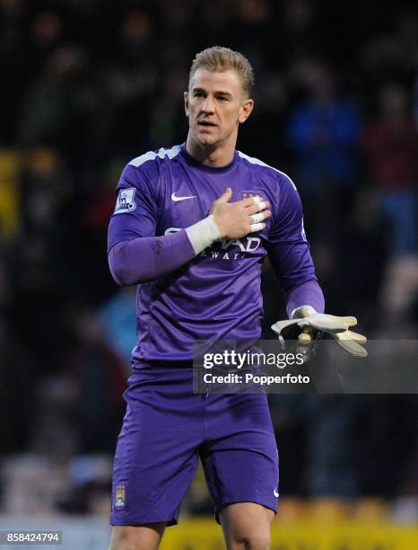 Joe Hart of Manchester City at the end of the Barclays Premier League match between Norwich City and Manchester City at Carrow Road on February 8,...