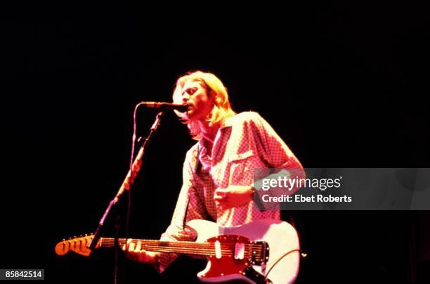 Kurt COBAIN and NIRVANA; Kurt Cobain performing live onstage at Roseland Ballroom, playing Fender Mustang guitar