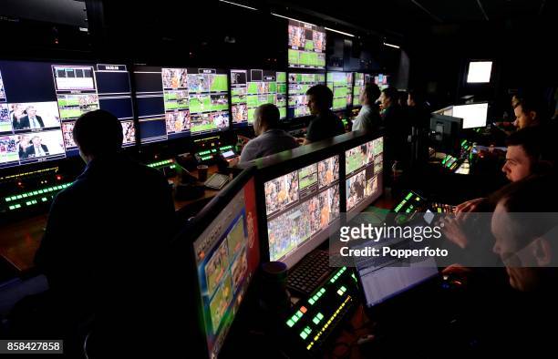 Production staff inside the VT truck during the Barclays Premier League match between West Ham United and Liverpool for the Sky Sports show Super...