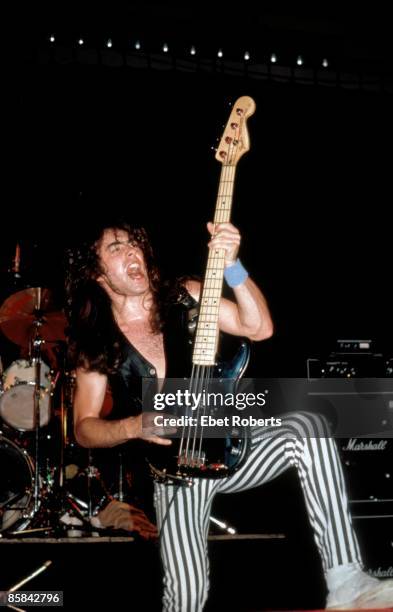 Photo of Steve HARRIS and IRON MAIDEN; Steve Harris, playing Fender Precision Bass, wearing stripy spandex trousers performing live onstage on...