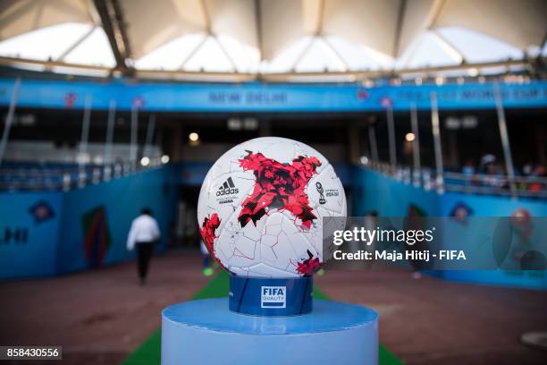 Official ball is placed prior the FIFA U-17 World Cup India 2017 group A match between Colombia and Ghana at Jawaharlal Nehru Stadium on October 6,...