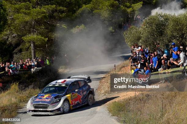 Sebastien Ogier of France and Julien Ingrassia of France compete in their M-Sport WRT Ford Fiesta WRC during Day One of the WRC Spain on October 6,...