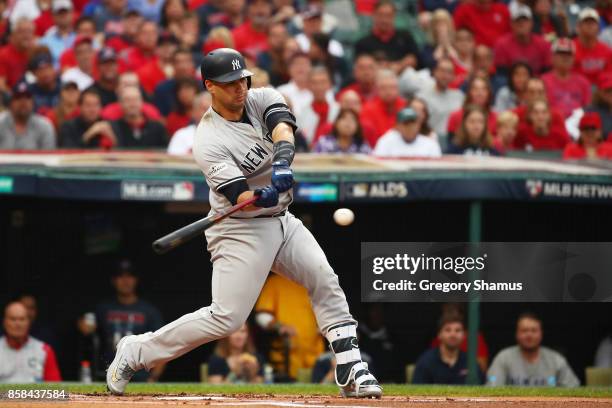 Gary Sanchez of the New York Yankees hits a two-run home run in the first inning against the Cleveland Indians with during game two of the American...