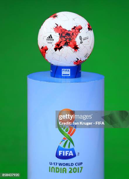 The matchball is seen on a plinth during the FIFA U-17 World Cup India 2017 group A match between Colombia and Ghana at Jawaharlal Nehru Stadium on...