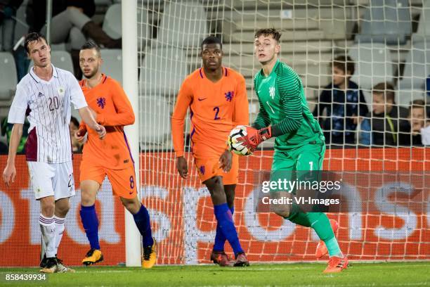 Emsis Eduards of Jong Letland, Bart Ramselaar of Jong Oranje, Denzel Dumfries of Jong Oranje, goalkeeper Justin Bijlow of Jong Oranje during the EURO...