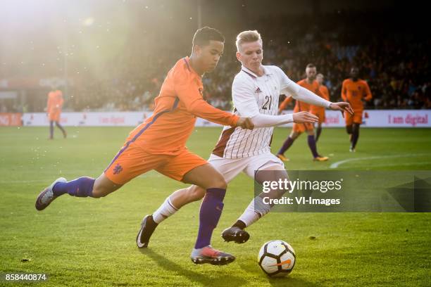 Justin Kluivert of Jong Oranje, Grinbergs Janis of Jong Letland during the EURO U21 2017 qualifying match between Netherlands U21 and Latvia U21 at...