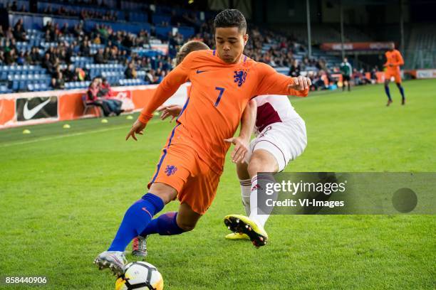 Justin Kluivert of Jong Oranje, Sorokins Vladislavs of Jong Letland during the EURO U21 2017 qualifying match between Netherlands U21 and Latvia U21...