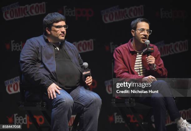 Creator/executive producers Adam Horowitz and Edward Kitsis speak onstage during ABC's Once Upon a Time panel during 2017 New York Comic Con on...