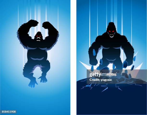 ilustraciones, imágenes clip art, dibujos animados e iconos de stock de vector silueta de super villano de gorila enojado - gorila