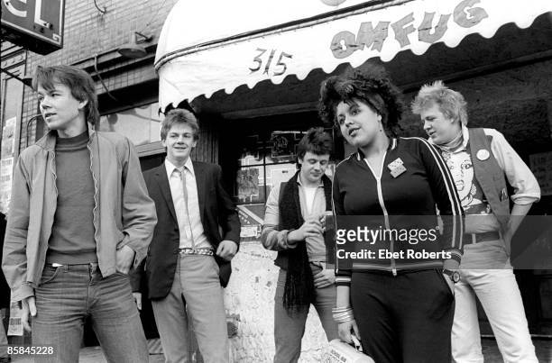 Members of the English punk rock band X-Ray Spex pose for a group portrait outside of CBGB's in New York City on March 25, 1978. Poly Styrene