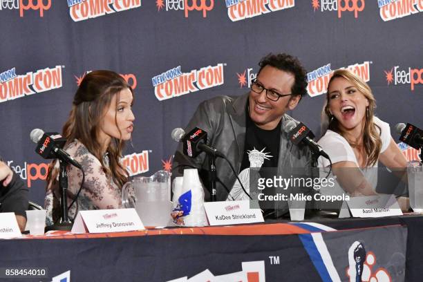 Actors KaDee Strickland, Aasif Mandvi, and Susan Misner participate in Hulu's Shut Eye panel at New York Comic Con at Jacob Javits Center on October...