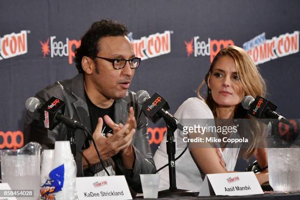 Actors Aasif Mandvi and Susan Misner participate in Hulu's Shut Eye panel at New York Comic Con at Jacob Javits Center on October 6, 2017 in New York...