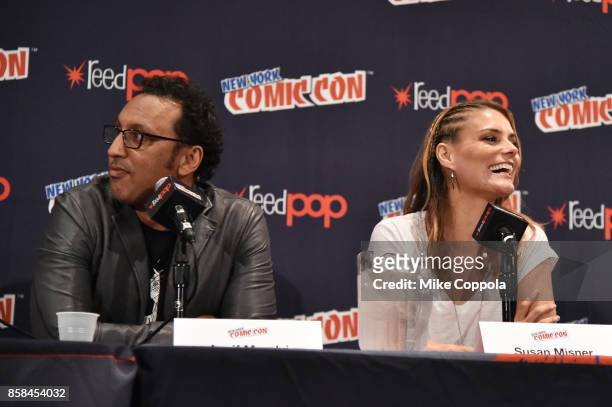 Actors Aasif Mandvi and Susan Misner participate in Hulu's Shut Eye panel at New York Comic Con at Jacob Javits Center on October 6, 2017 in New York...