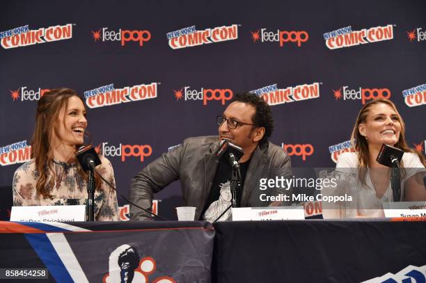 Actors KaDee Strickland, Aasif Mandvi, and Susan Misner participate in Hulu's Shut Eye panel at New York Comic Con at Jacob Javits Center on October...
