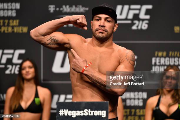 Thales Leites of Brazil poses on the scale during the UFC 216 weigh-in inside T-Mobile Arena on October 6, 2017 in Las Vegas, Nevada.