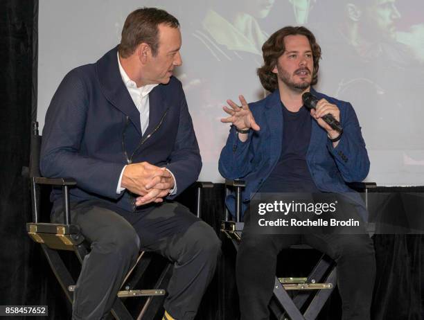 Actor Kevin Spacey intently listens to Director Edgar Wright speak about behind-the- scene shots during the making of thier film 'Baby Driver' at the...