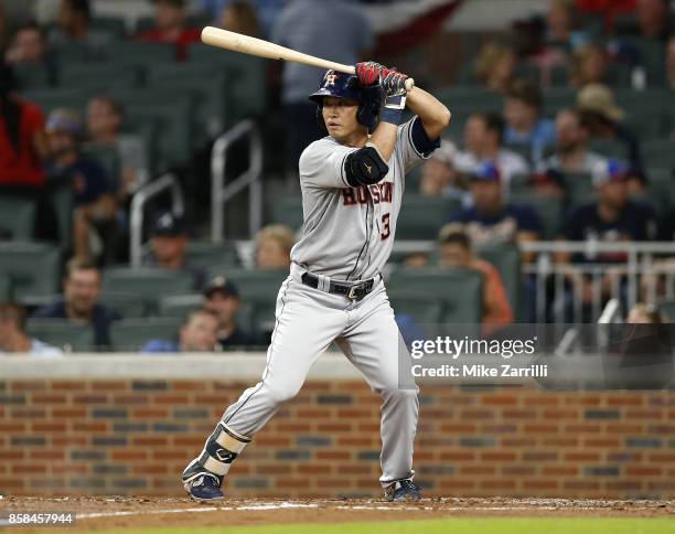 Left fielder Nori Aoki of the Houston Astros waits for pitch during the game against the Atlanta Braves at SunTrust Park on July 5, 2017 in Atlanta,...