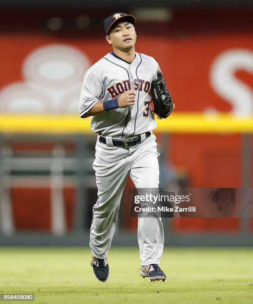 Left fielder Nori Aoki of the Houston Astros runs off of the field during the game against the Atlanta Braves at SunTrust Park on July 5, 2017 in...