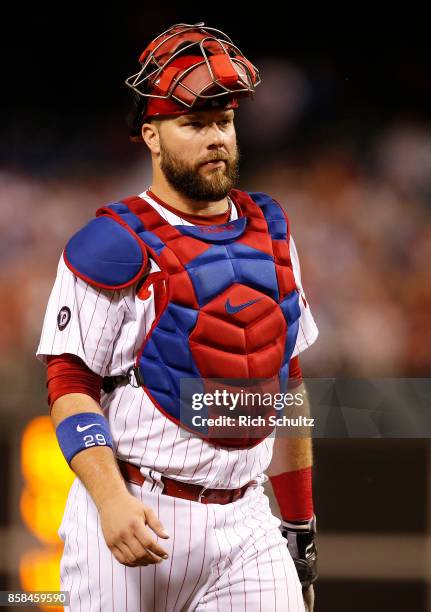Cameron Rupp of the Philadelphia Phillies in action against the Washington Nationals during a game at Citizens Bank Park on September 26, 2017 in...