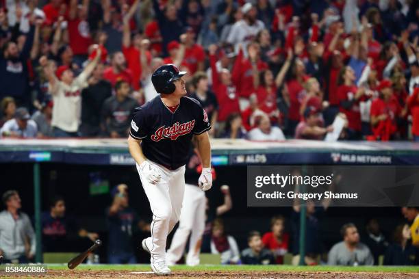 Jay Bruce of the Cleveland Indians runs the bases after hitting a solo home run in the eighth inning against the New York Yankees during game two of...