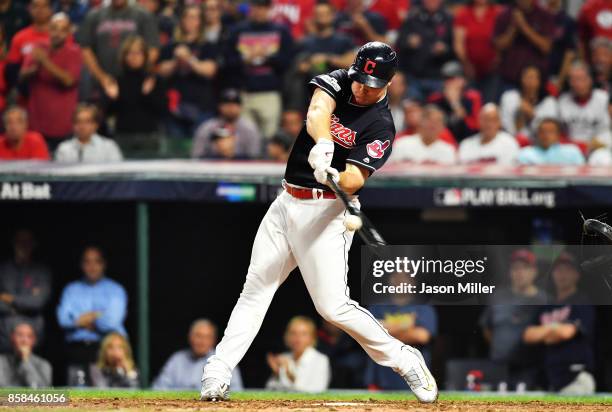 Jay Bruce of the Cleveland Indians hits a solo home run in the eighth inning against the New York Yankees during game two of the American League...