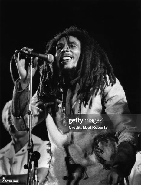 Photo of WAILERS and Bob MARLEY; Bob Marley performing live on stage at the One Love Peace concert at the National Stadium, Kingston