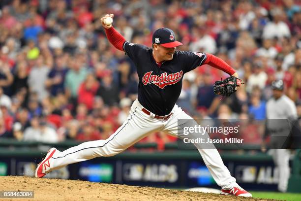 Joe Smith of the Cleveland Indians pitches in the ninth inning against the New York Yankees during game two of the American League Division Series at...