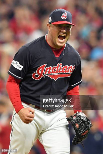 Joe Smith of the Cleveland Indians reacts after striking out Gary Sanchez of the New York Yankees in the ninth inning during game two of the American...