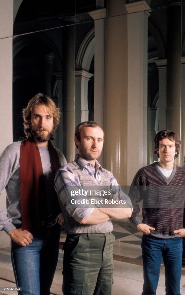 Genesis Rutherford British band Genesis, posed group shot in New York City on December ...