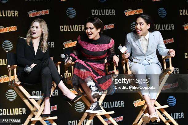Actors Virginia Gardner, Ariela Barer, and Allegra Acosta participate in Hulu's Runaways panel at New York Comic Con at Jacob Javits Center on...