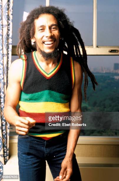 Bob MARLEY; Posed portrait of Bob Marley. The photograph was taken in his hotel room at the St Moritz Hotel on September 21, 1980.