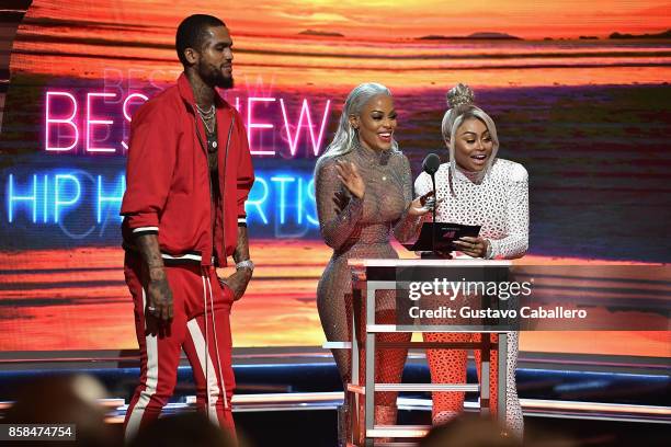 Dave East, Keyshia Ka'Oir, and Blac Chyna present the Best New Hip Hop Artist award onstage during the BET Hip Hop Awards 2017 at The Fillmore Miami...