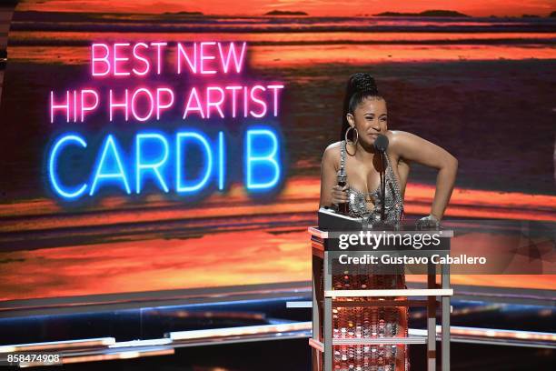 Cardi B accepts the Best New Hip Hop Artist award onstage during the BET Hip Hop Awards 2017 at The Fillmore Miami Beach at the Jackie Gleason...