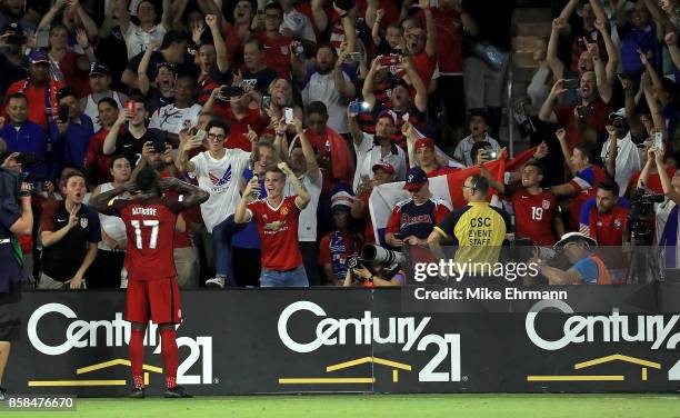 Jozy Altidore of United States celebrates a goal during the 2018 FIFA World Cup Qualifying match against Panama at Orlando City Stadium on October 6,...