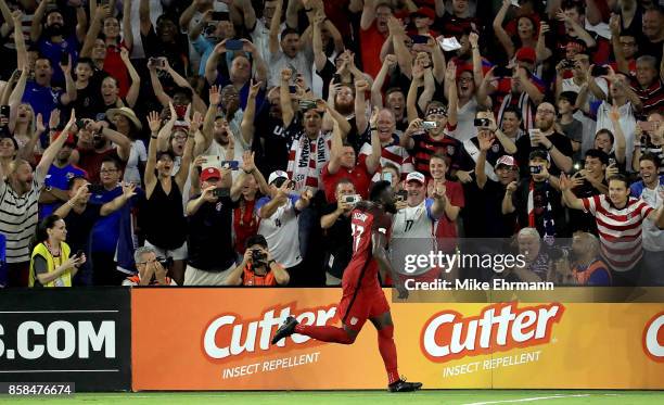 Jozy Altidore of United States celebrates a goal during the 2018 FIFA World Cup Qualifying match against Panama at Orlando City Stadium on October 6,...