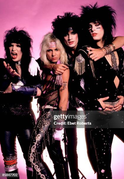 Motley Crue photographed backstage at the New Haven Coliseum in New Haven, Connecticut on August 2, 1985. L -R: Mick Mars, Vince Neil, Tommy Lee,...