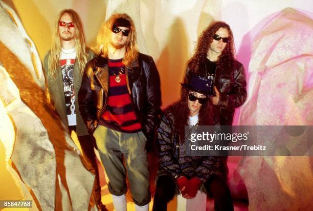 American rock band Alice in Chains, USA, 1990. Left to right: guitarist Jerry Cantrell, singer Layne Staley , drummer Sean Kinney and bassist Mike...