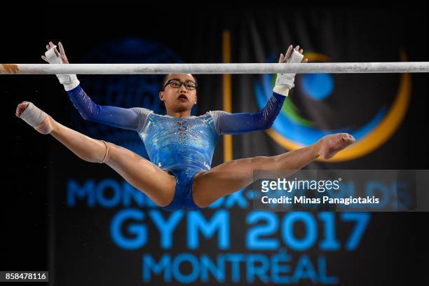 Morgan Hurd of The United States of America competes on the uneven bars during the women's individual all-around final of the Artistic Gymnastics...