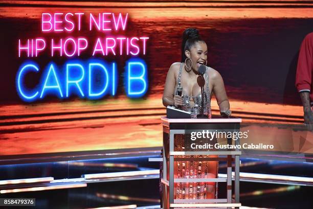 Cardi B accepts the Best New Hip Hop Artist award onstage during the BET Hip Hop Awards 2017 at The Fillmore Miami Beach at the Jackie Gleason...