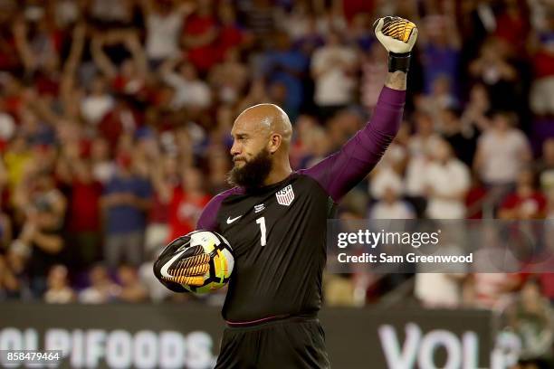 Tim Howard of the United States celebrates during the final round qualifying match against Panama for the 2018 FIFA World Cup at Orlando City Stadium...