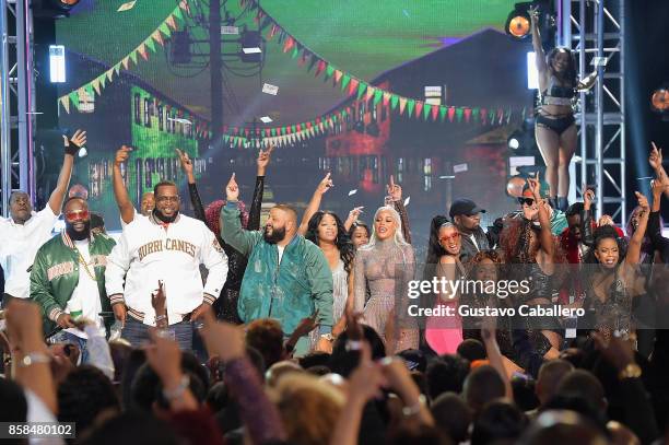 Rick Ross, Uncle Luke, Dj Khaled, Trina, Keyshia Ka'Oir, Cardi B, and Flo Rida perform onstage during the BET Hip Hop Awards 2017 at The Fillmore...