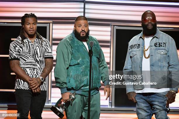 Player Devonta Freeman, DJ Khaled, and Rick Ross speak onstage during the BET Hip Hop Awards 2017 at The Fillmore Miami Beach at the Jackie Gleason...